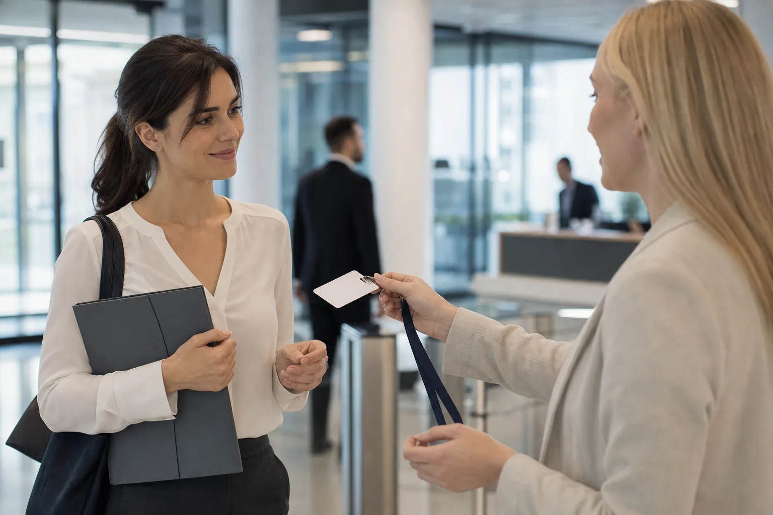 Nowa pracownica w pierwszym dniu pracy odbiera identyfikator w biurze